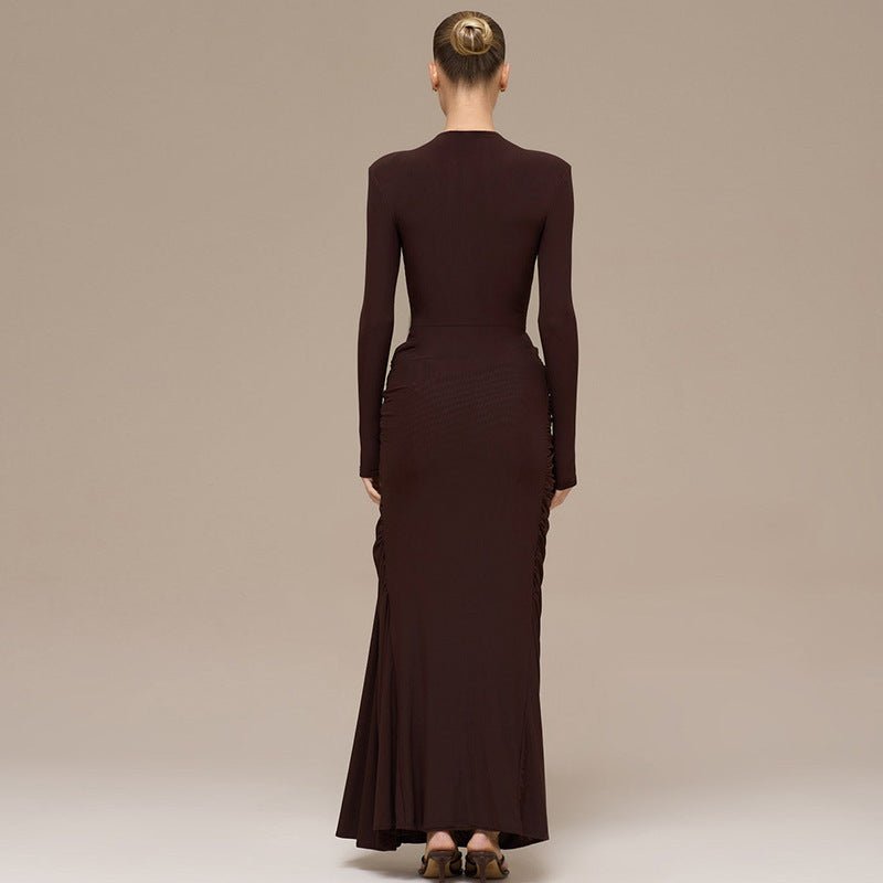 Ruched Bodycon Gown with Metal Hardware | High Neck Modal Maxi Dress(MS233) - Mariam's Collection
