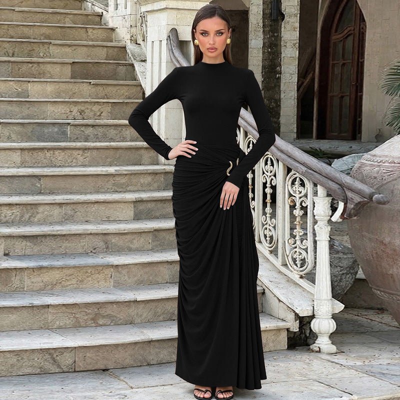 Ruched Bodycon Gown with Metal Hardware | High Neck Modal Maxi Dress(MS233) - Mariam's Collection