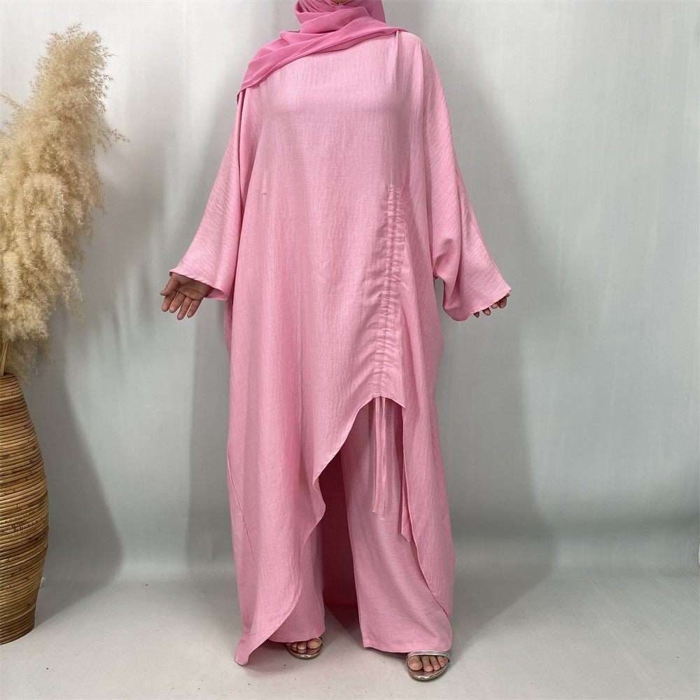 Ruched Drawstring Batwing Top & Wide-Leg Trousers Co-ord Set(MS478) - Mariam's Collection
