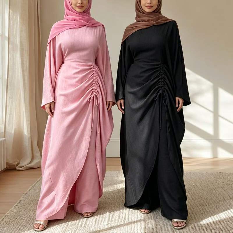 Ruched Drawstring Batwing Top & Wide-Leg Trousers Co-ord Set(MS478) - Mariam's Collection