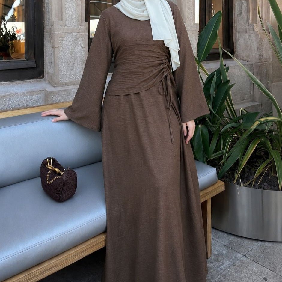 Ruched Drawstring Waist Flared Sleeve Maxi Dress(MS492) - Mariam's Collection