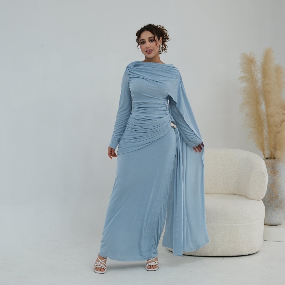 Ruched Maxi Dress with Cape(MS434) - Mariam's Collection