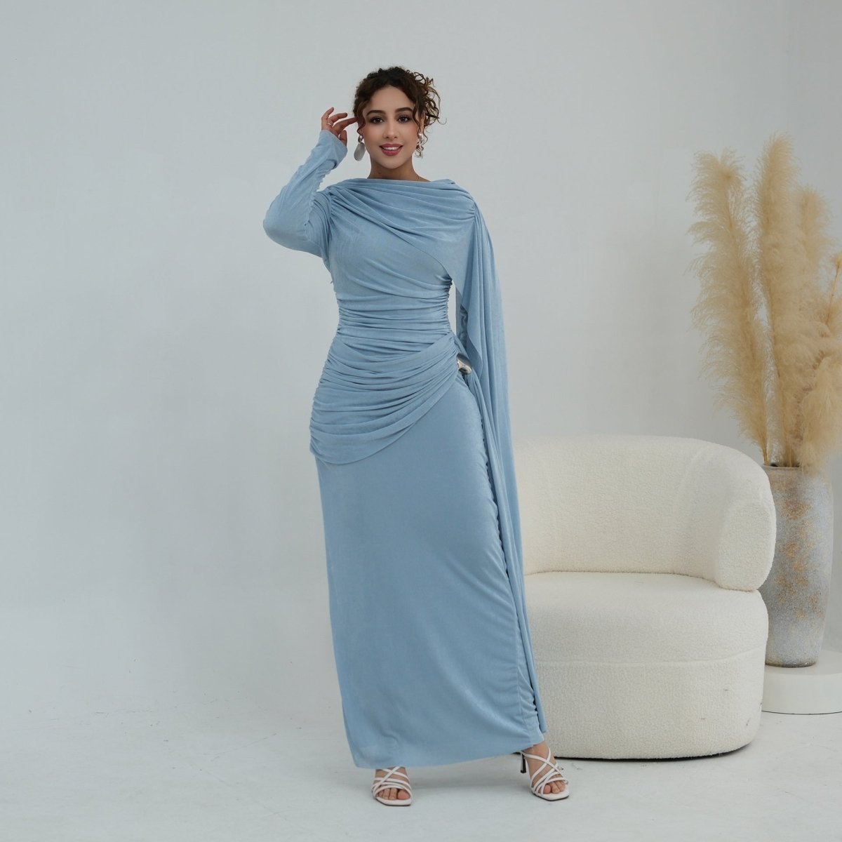 Ruched Maxi Dress with Cape(MS434) - Mariam's Collection