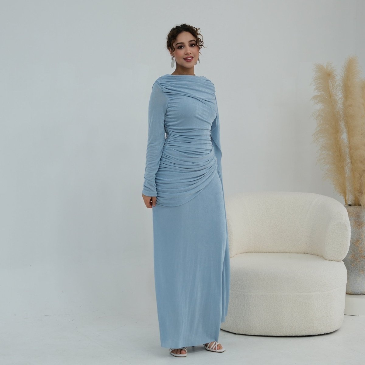 Ruched Maxi Dress with Cape(MS434) - Mariam's Collection