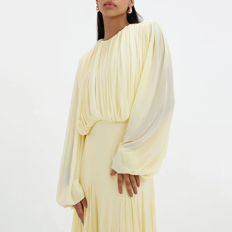 Ruched Panel Maxi Dress | Round-Neck Defined-Waist Occasion Gown(MS578) - Mariam's Collection