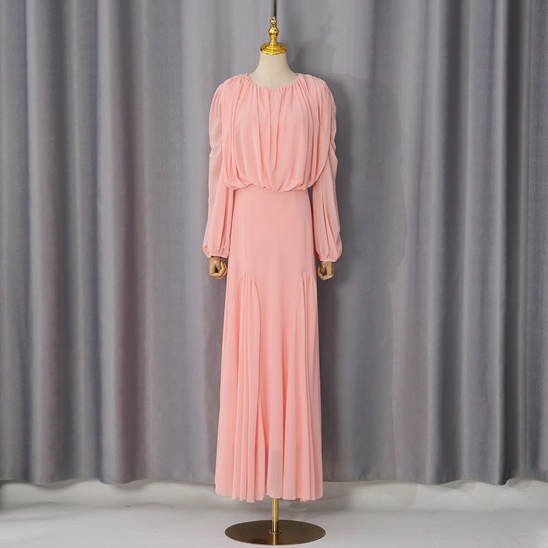 Ruched Panel Maxi Dress | Round-Neck Defined-Waist Occasion Gown(MS578) - Mariam's Collection