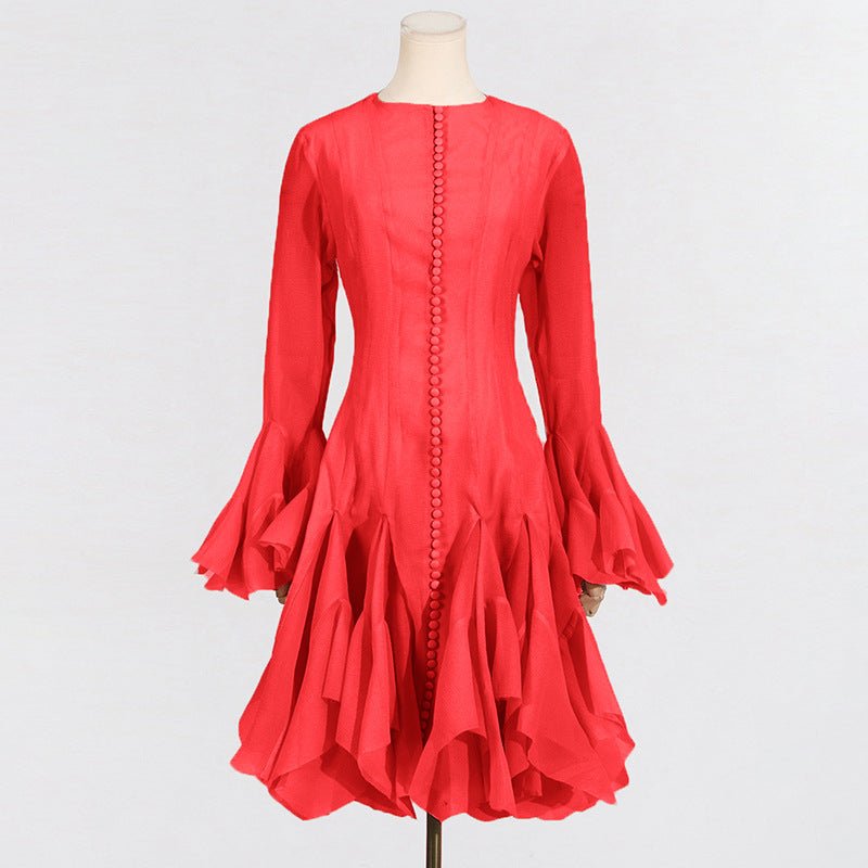 Ruffle Hem Dress with Sheer Sleeves(MS304) - Mariam's Collection