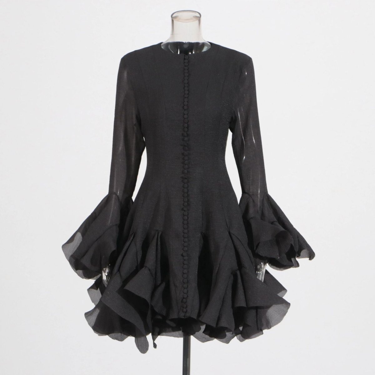Ruffle Hem Dress with Sheer Sleeves(MS304) - Mariam's Collection