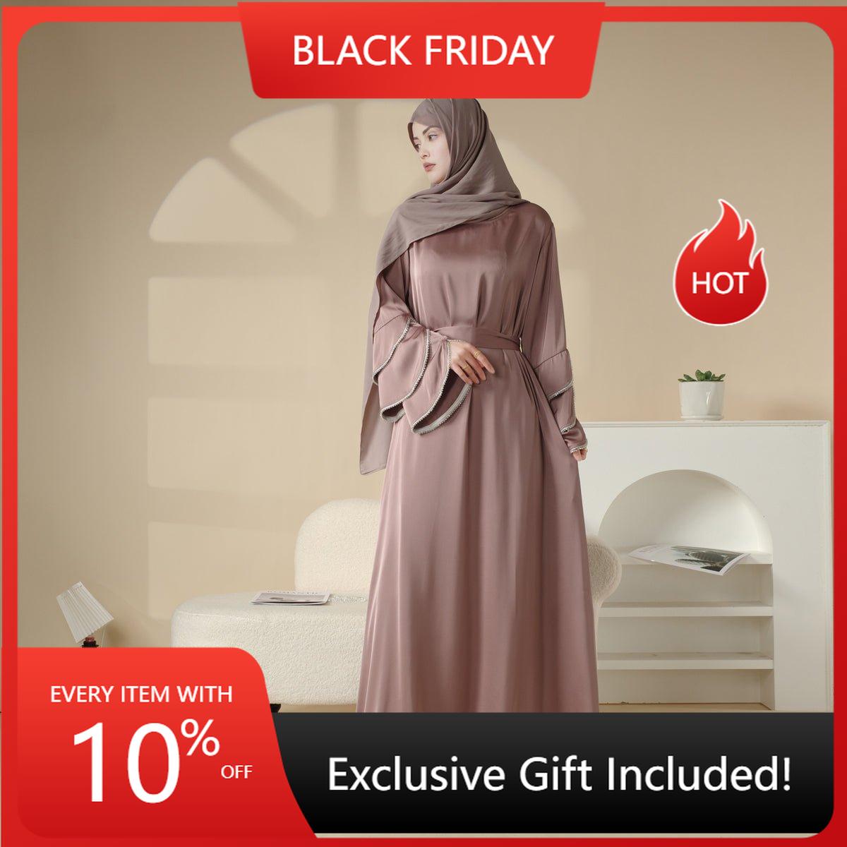 Ruffle Sleeve Diamond Satin Pocket Abaya (MA040) - Mariam's Collection