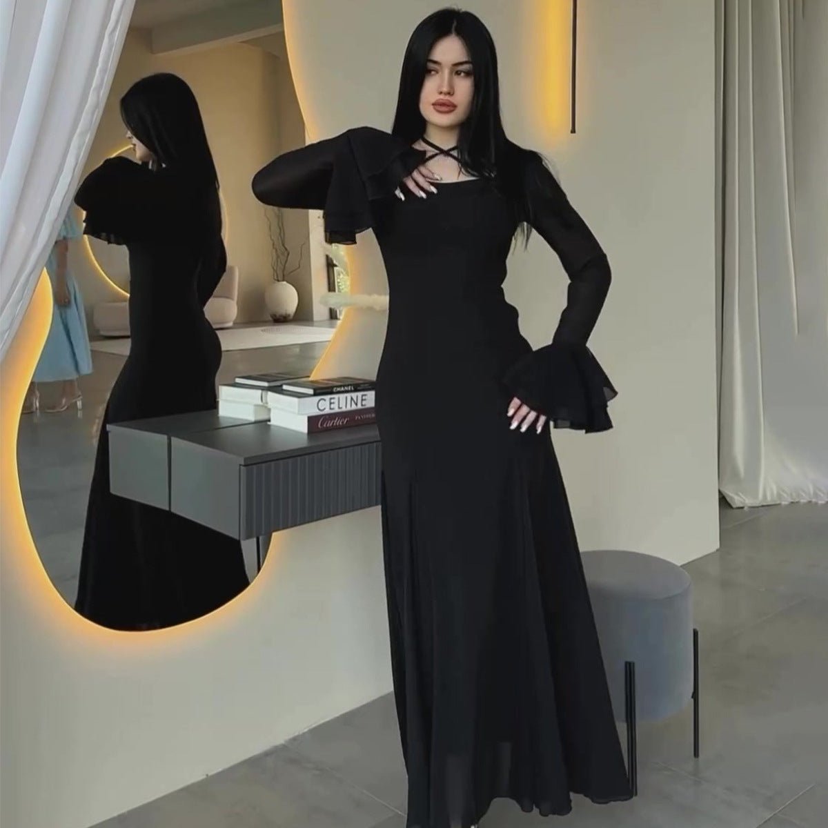 Ruffle Sleeve Dress with Crisscross Neckline(MS335) - Mariam's Collection