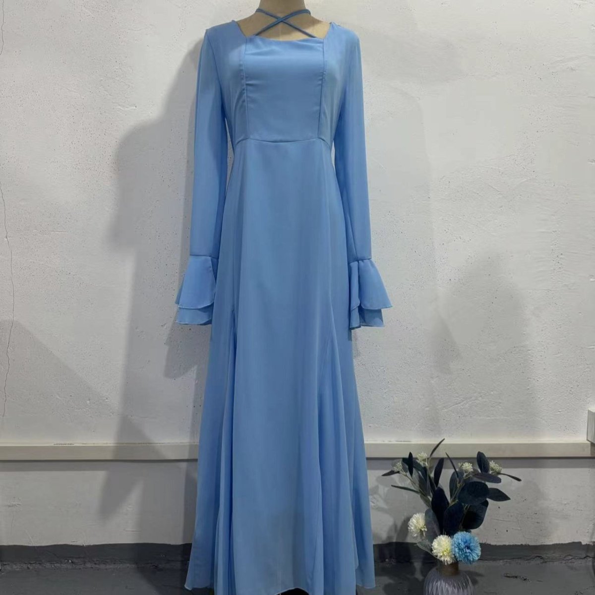 criss cross dress long sleeve Ruffle Sleeve Dress with Crisscross Neckline(MS335), Light blue / L