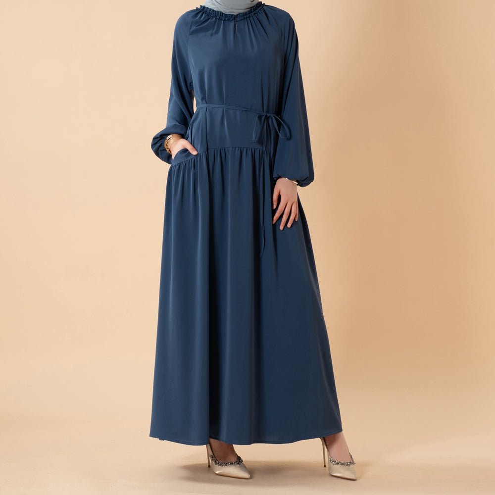 Ruffle Trim Pleated Relaxed Maxi Dress with Waist Tie(MA424) - Mariam's Collection