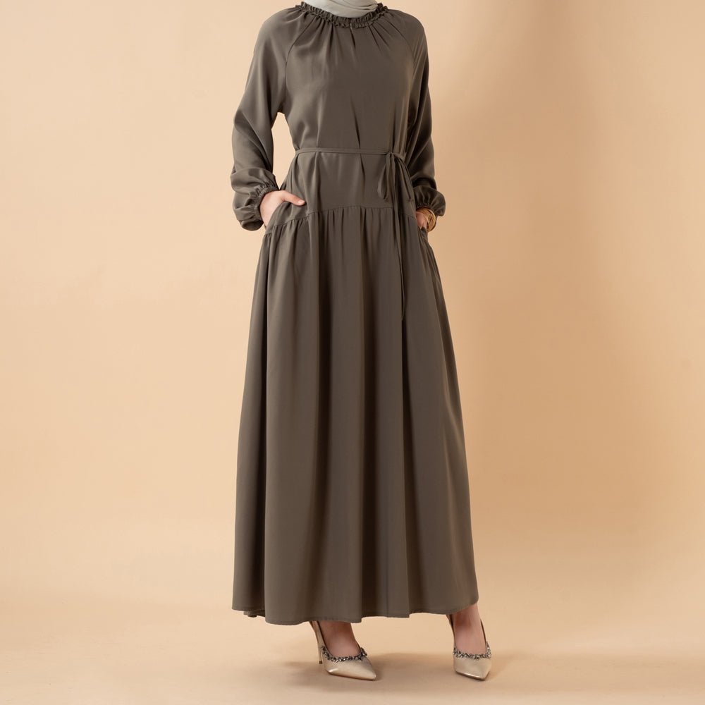 Ruffle Trim Pleated Relaxed Maxi Dress with Waist Tie(MA424) - Mariam's Collection