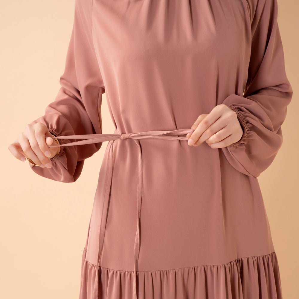 Ruffle Trim Pleated Relaxed Maxi Dress with Waist Tie(MA424) - Mariam's Collection