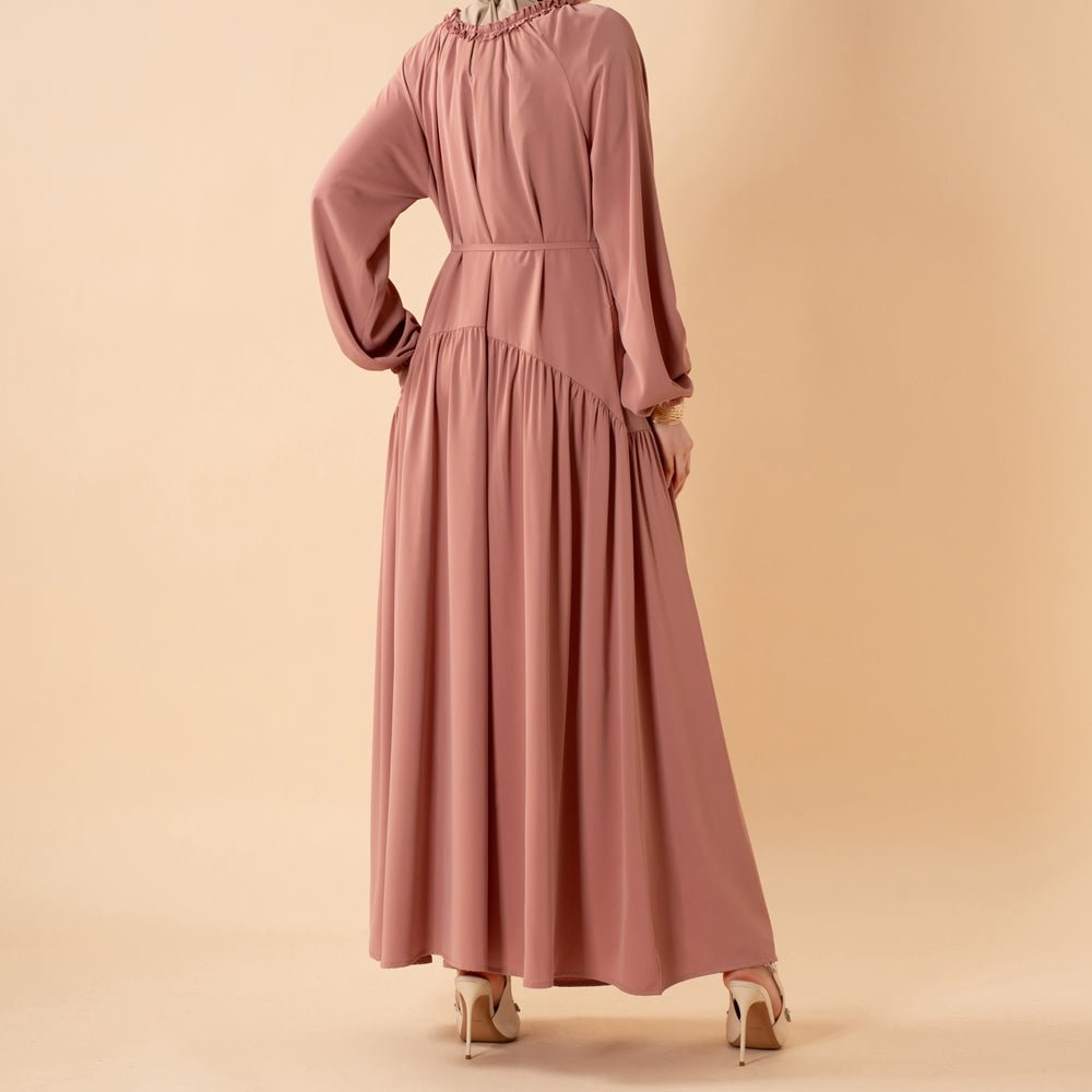 Ruffle Trim Pleated Relaxed Maxi Dress with Waist Tie(MA424) - Mariam's Collection