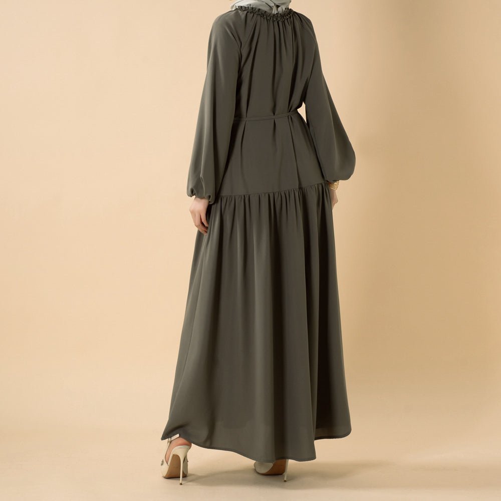 Ruffle Trim Pleated Relaxed Maxi Dress with Waist Tie(MA424), Muted Olive / L