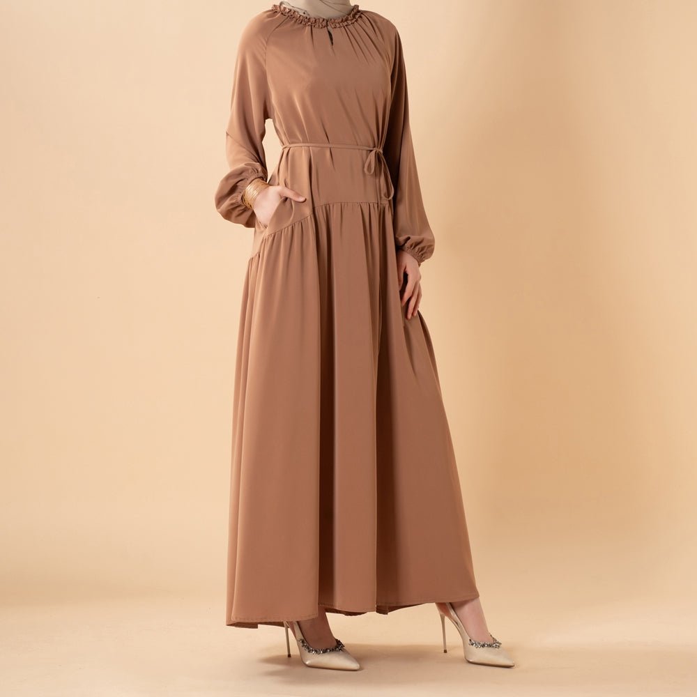 Ruffle Trim Pleated Relaxed Maxi Dress with Waist Tie(MA424) - Mariam's Collection