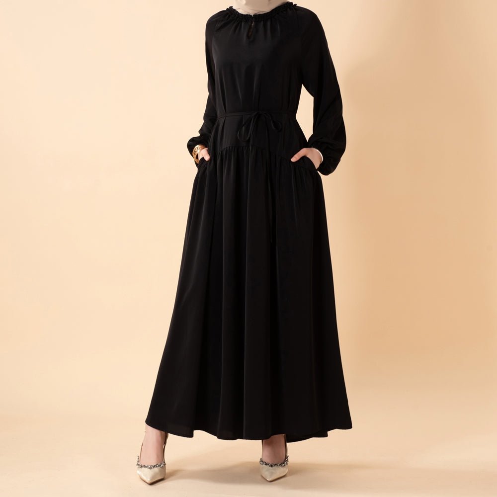 Ruffle Trim Pleated Relaxed Maxi Dress with Waist Tie(MA424) - Mariam's Collection