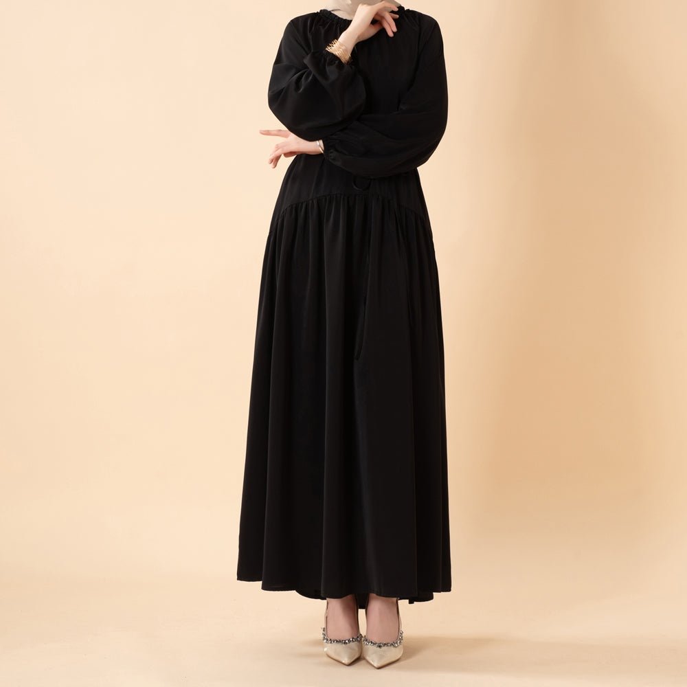 Ruffle Trim Pleated Relaxed Maxi Dress with Waist Tie(MA424) - Mariam's Collection