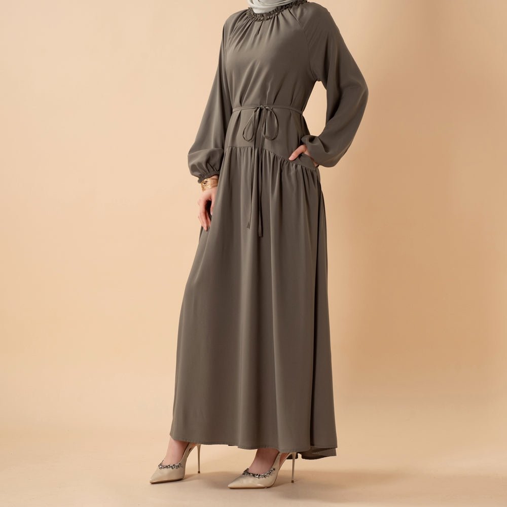 Ruffle Trim Pleated Relaxed Maxi Dress with Waist Tie(MA424) - Mariam's Collection