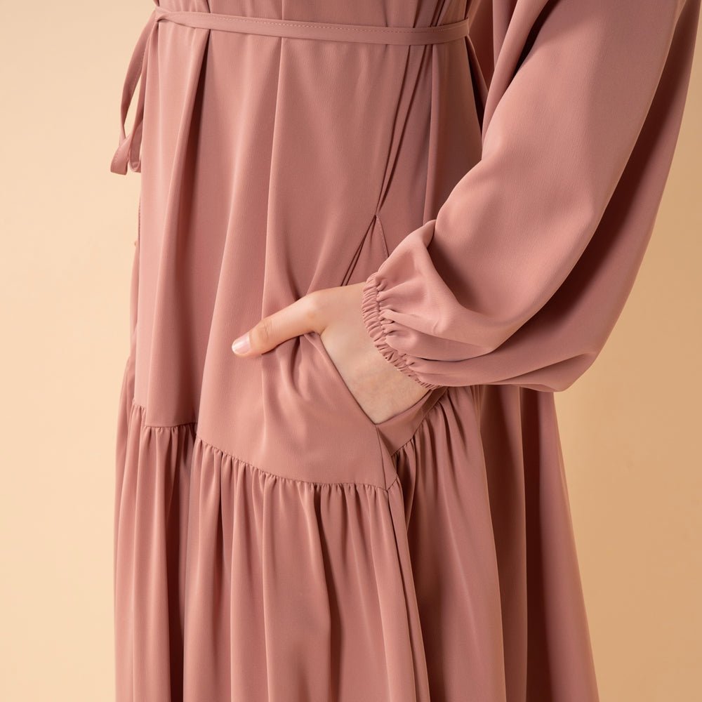 Ruffle Trim Pleated Relaxed Maxi Dress with Waist Tie(MA424) - Mariam's Collection