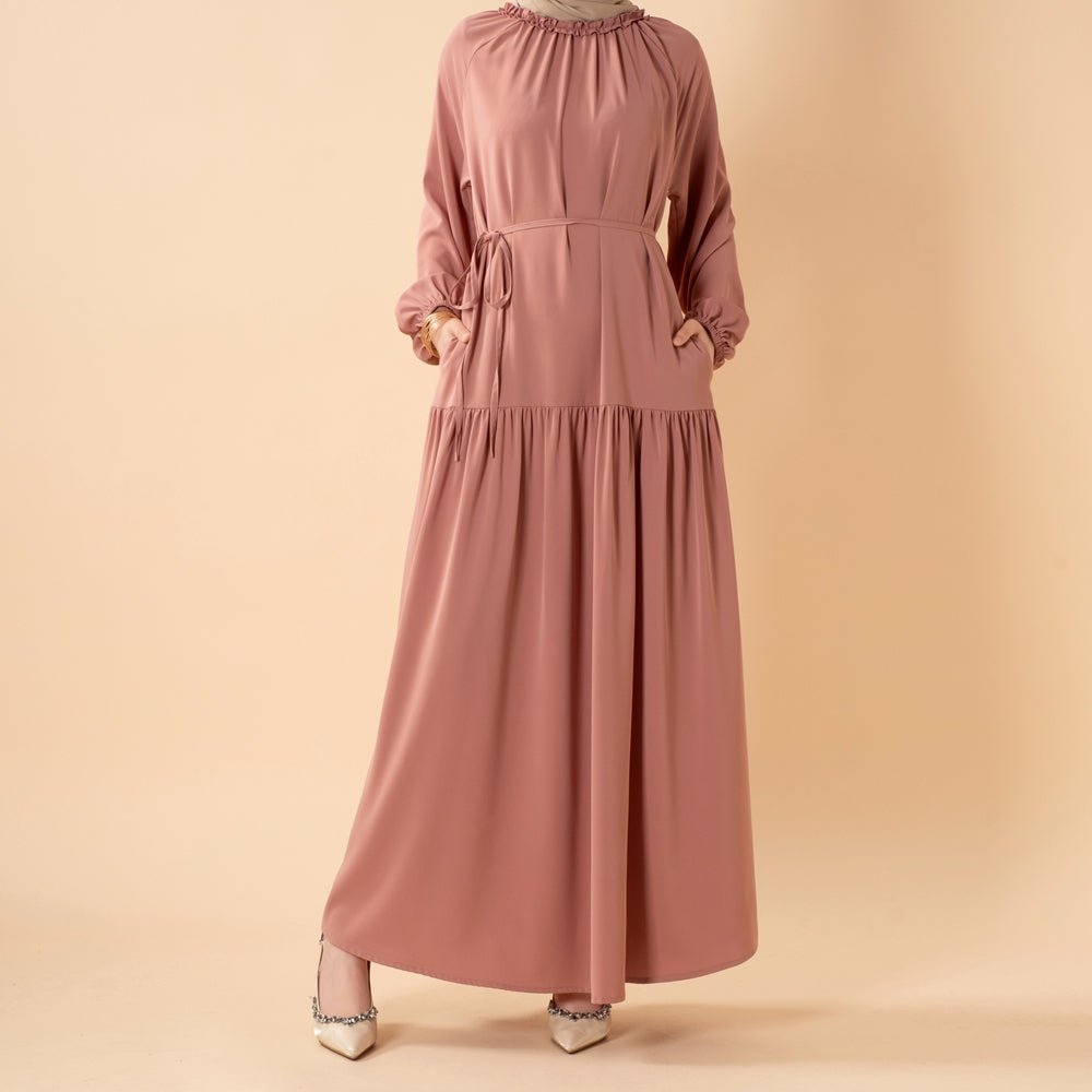 Ruffle Trim Pleated Relaxed Maxi Dress with Waist Tie(MA424) - Mariam's Collection