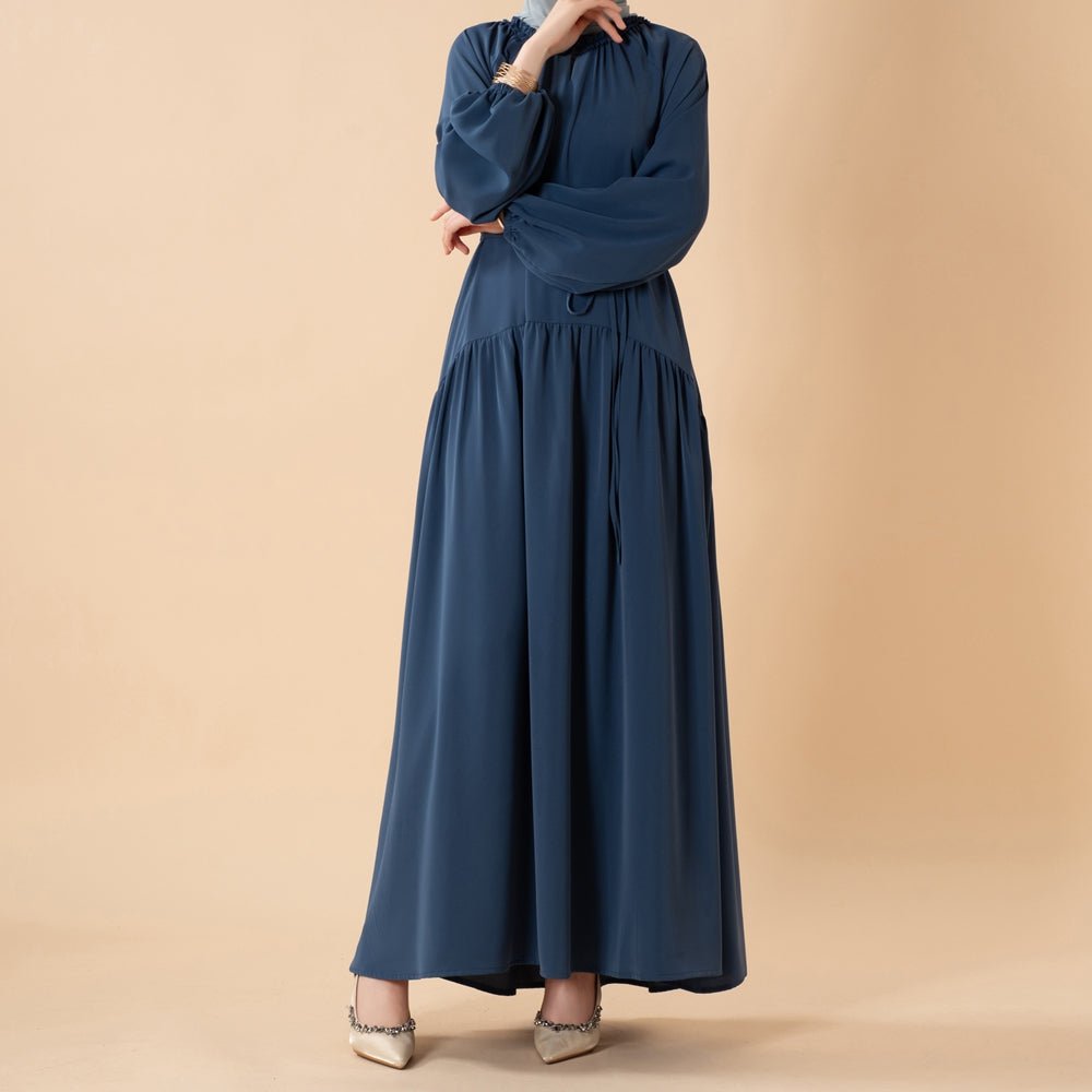 Ruffle Trim Pleated Relaxed Maxi Dress with Waist Tie(MA424) - Mariam's Collection
