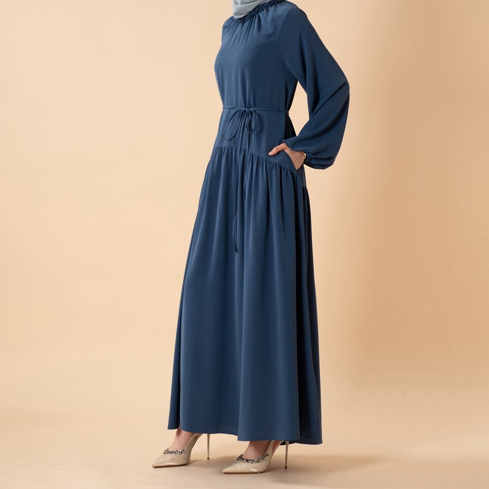 Ruffle Trim Pleated Relaxed Maxi Dress with Waist Tie(MA424) - Mariam's Collection