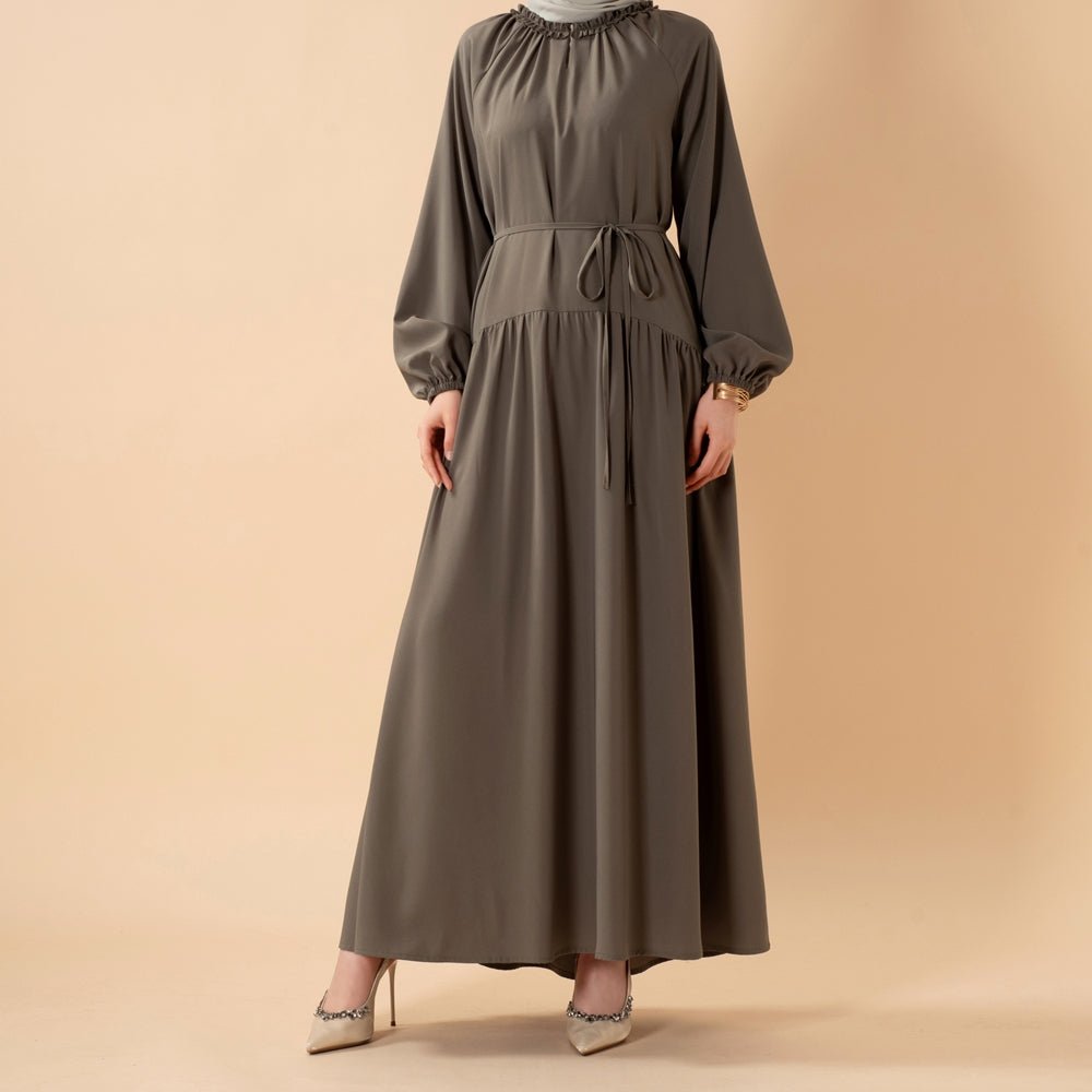 Ruffle Trim Pleated Relaxed Maxi Dress with Waist Tie(MA424) - Mariam's Collection
