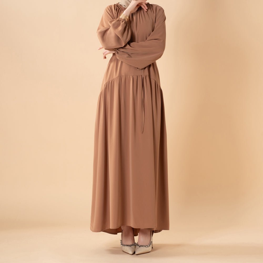 Ruffle Trim Pleated Relaxed Maxi Dress with Waist Tie(MA424) - Mariam's Collection