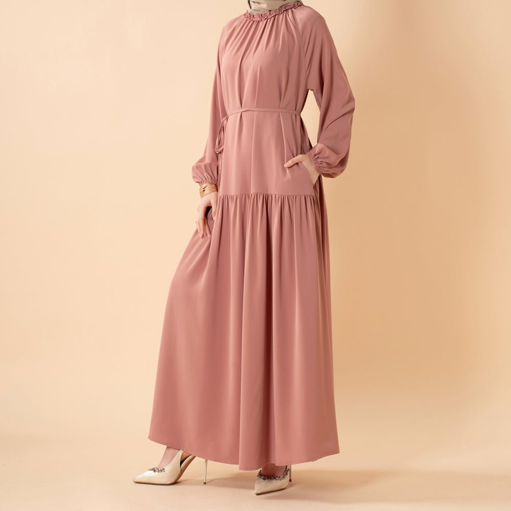 Ruffle Trim Pleated Relaxed Maxi Dress with Waist Tie(MA424) - Mariam's Collection