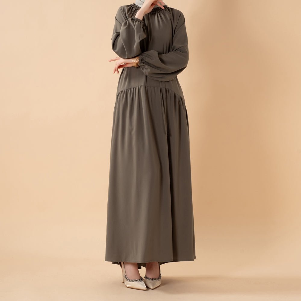 Ruffle Trim Pleated Relaxed Maxi Dress with Waist Tie(MA424) - Mariam's Collection
