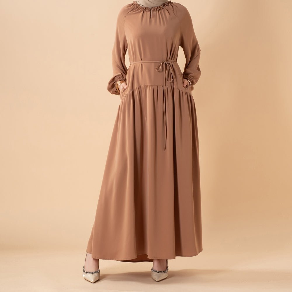 Ruffle Trim Pleated Relaxed Maxi Dress with Waist Tie(MA424) - Mariam's Collection