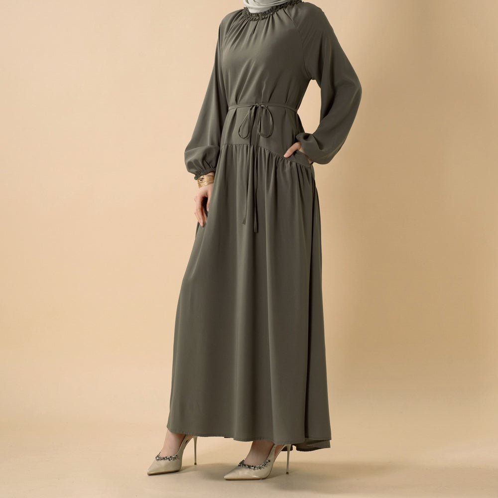 Ruffle Trim Pleated Relaxed Maxi Dress with Waist Tie(MA424) - Mariam's Collection