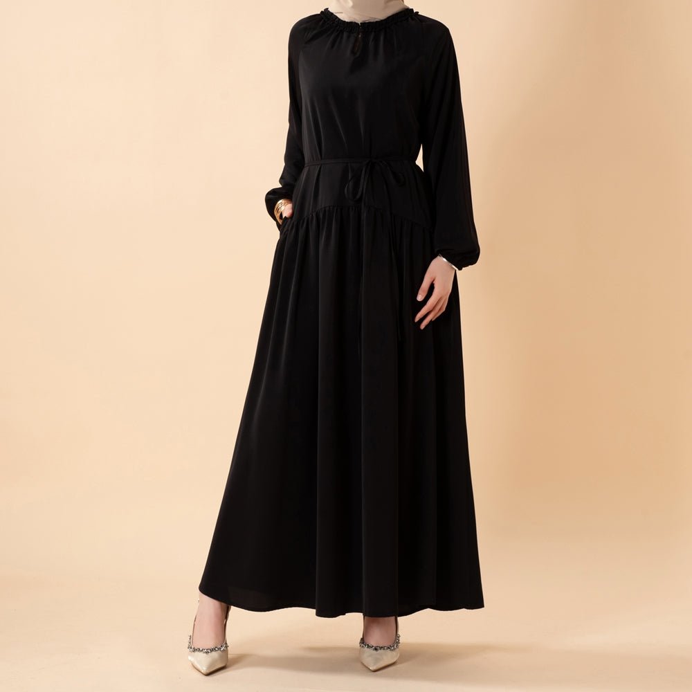 Ruffle Trim Pleated Relaxed Maxi Dress with Waist Tie(MA424) - Mariam's Collection
