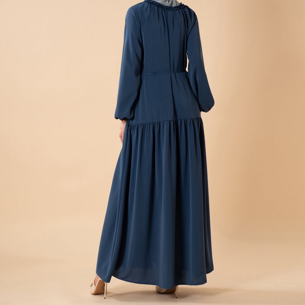 Ruffle Trim Pleated Relaxed Maxi Dress with Waist Tie(MA424) - Mariam's Collection