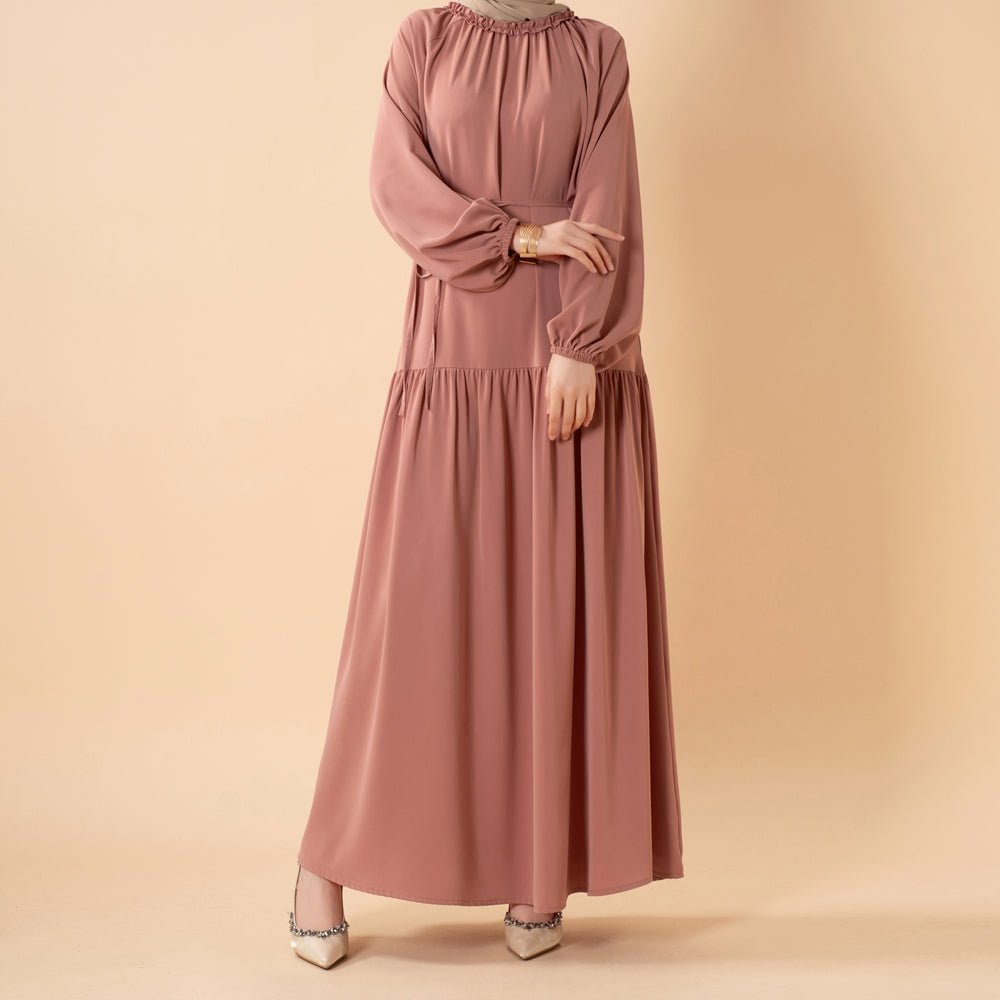 Ruffle Trim Pleated Relaxed Maxi Dress with Waist Tie(MA424) - Mariam's Collection