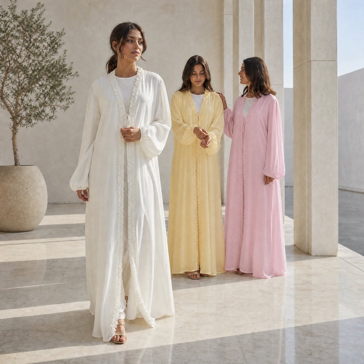 Ruffle-Trim Tie-Front Open Abaya | Lined Balloon-Sleeve Maxi Cardigan(MOA358) - Mariam's Collection