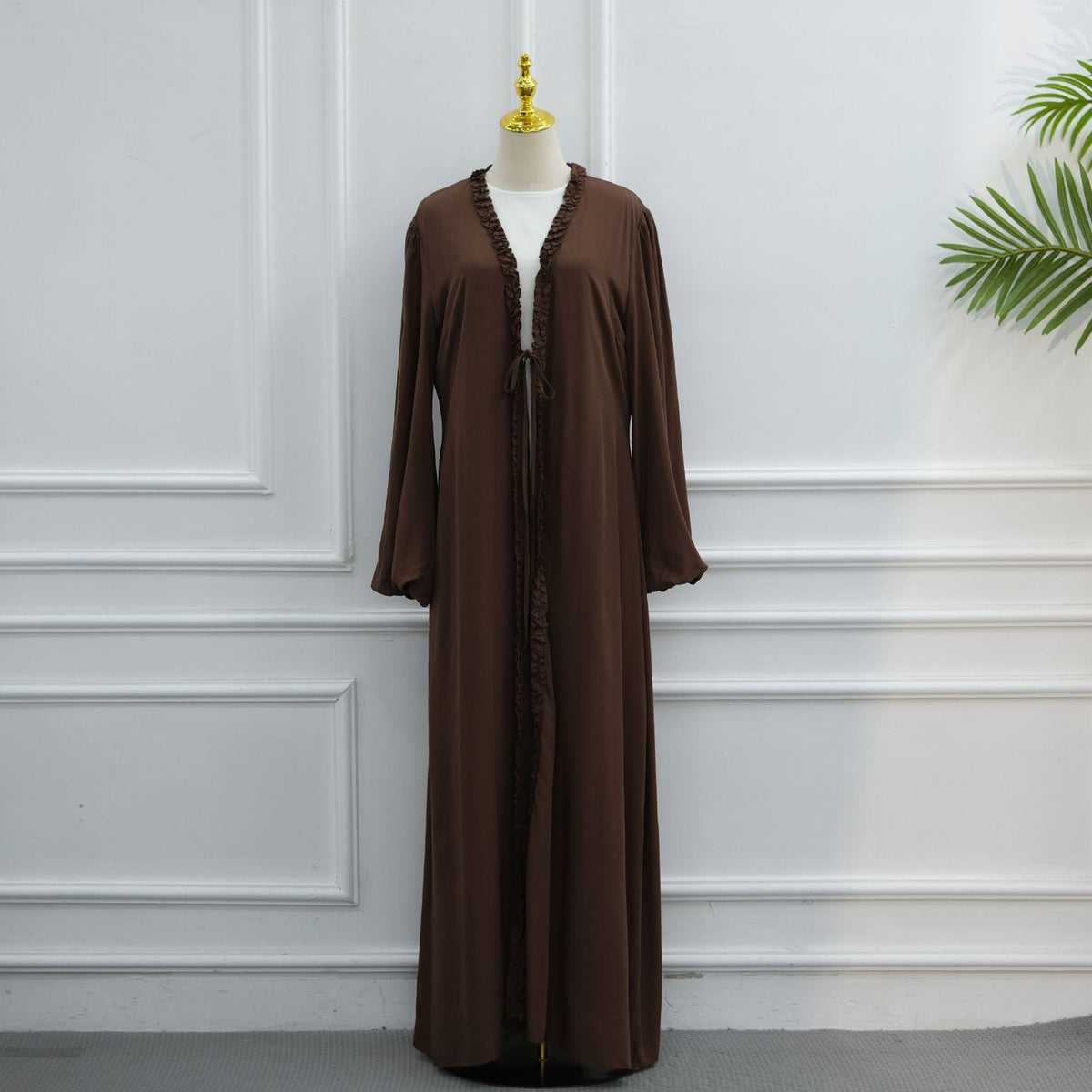 Ruffle-Trim Tie-Front Open Abaya | Lined Balloon-Sleeve Maxi Cardigan(MOA358) - Mariam's Collection
