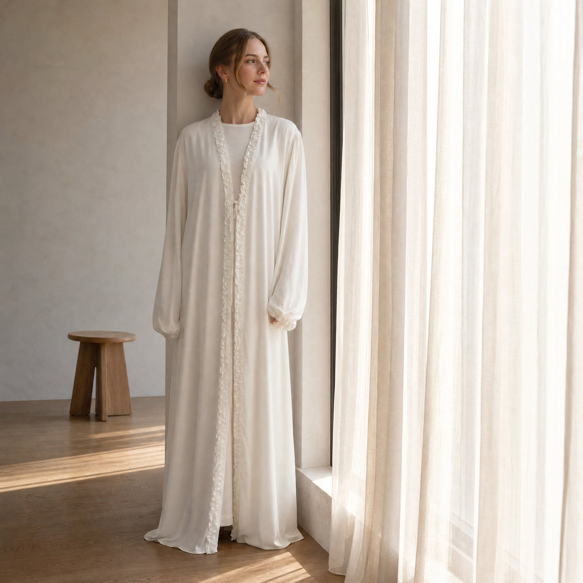 Ruffle-Trim Tie-Front Open Abaya | Lined Balloon-Sleeve Maxi Cardigan(MOA358) - Mariam's Collection