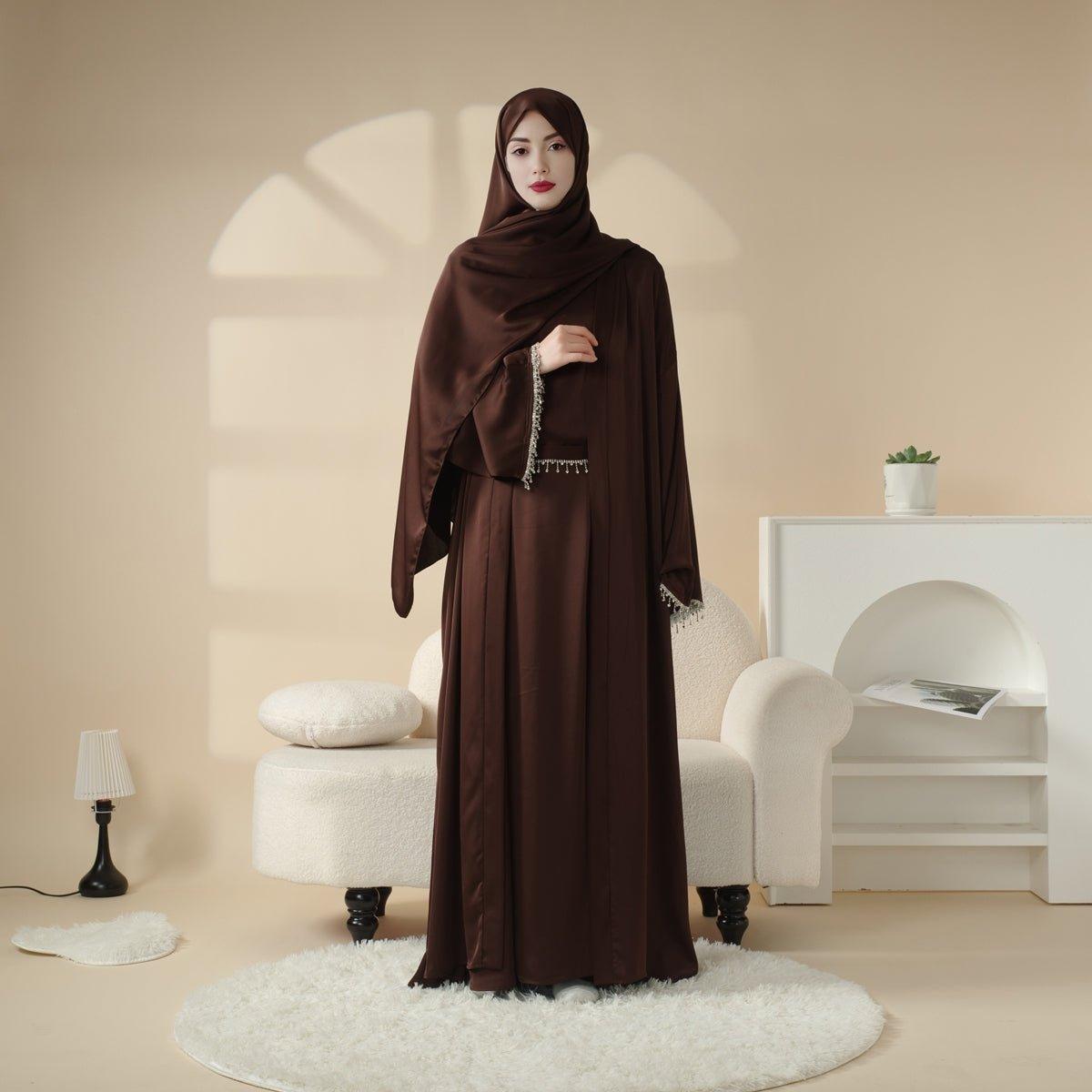 Satin Abaya With Matching Belt Made Of Diamond Tassel (MOA010) - Mariam's Collection