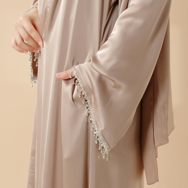 Satin Abaya With Matching Belt Made Of Diamond Tassel (MOA010) - Mariam's Collection