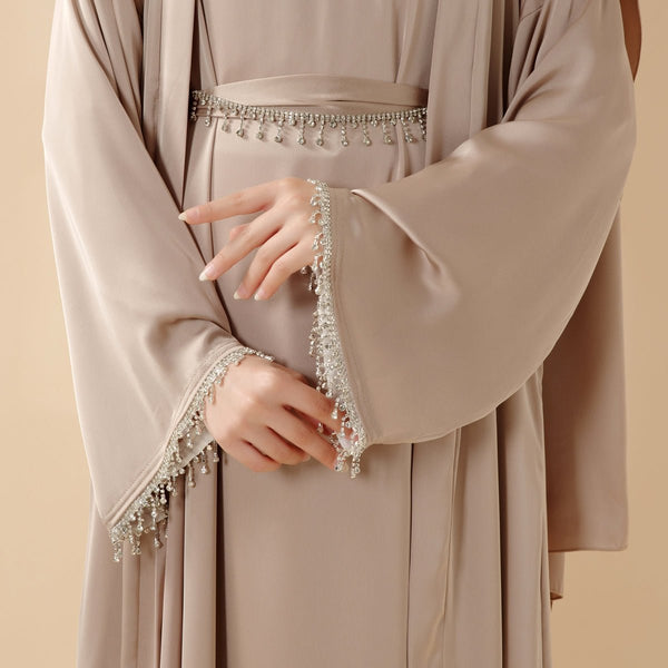 Satin Abaya With Matching Belt Made Of Diamond Tassel (MOA010) - Mariam's Collection