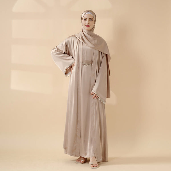 Champagne gold satin abaya with matching diamond tassel belt - modest evening abaya set