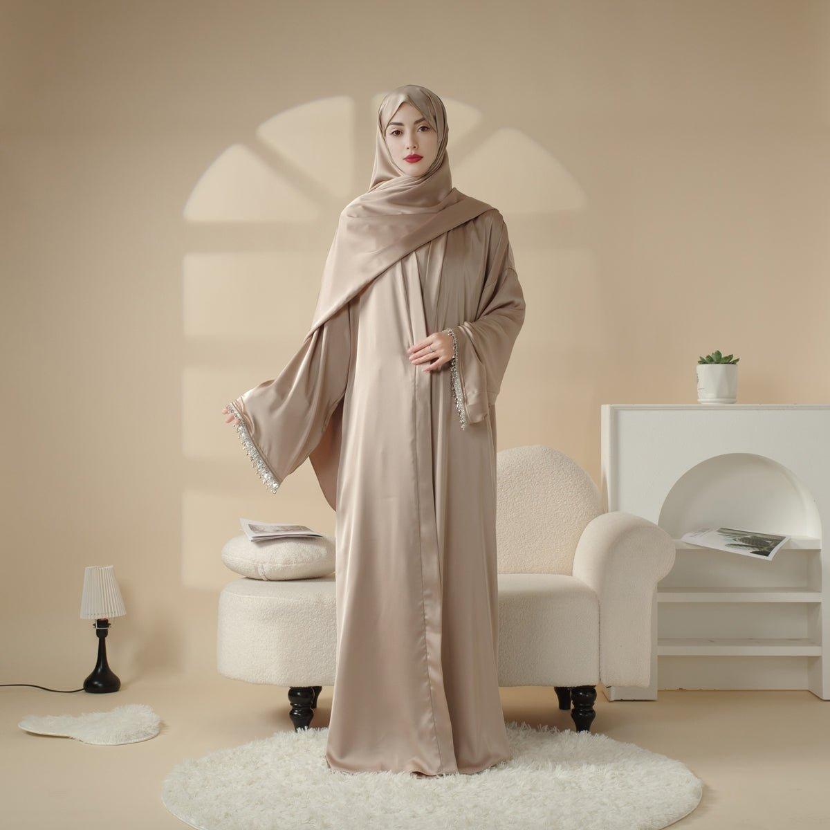 Satin Abaya With Matching Belt Made Of Diamond Tassel (MOA010) - Mariam's Collection