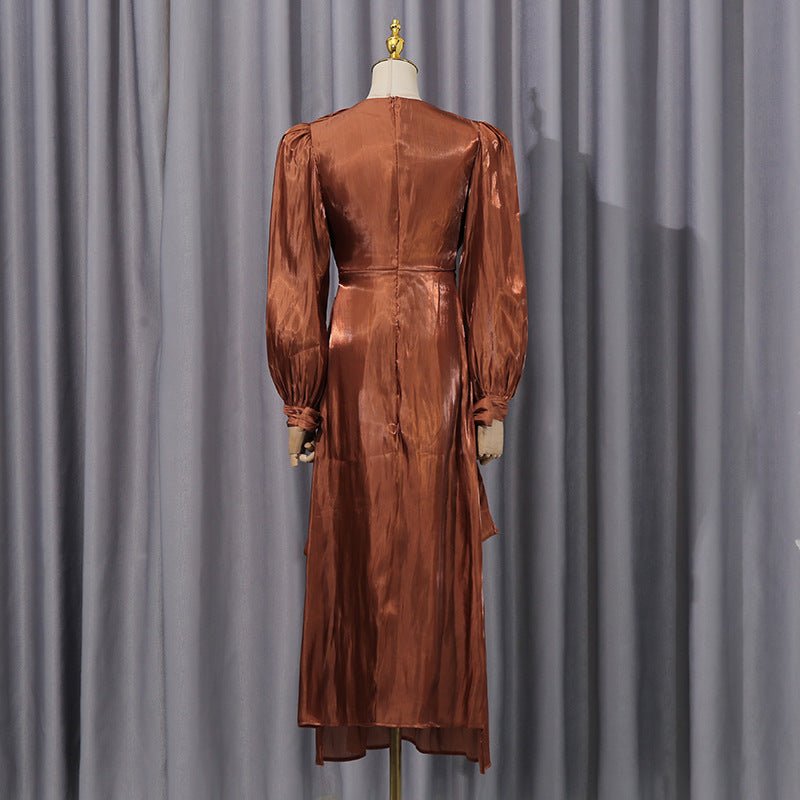 Satin Diagonal Pleat Dress with Bow Waist(MS324) - Mariam's Collection