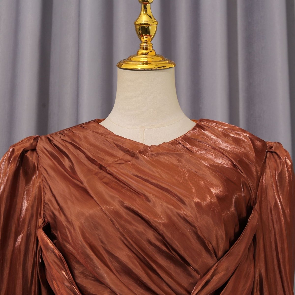 Satin Diagonal Pleat Dress with Bow Waist(MS324) - Mariam's Collection