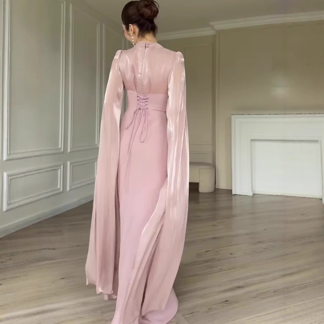 Satin Dress with Corset Back & Cape Sleeves