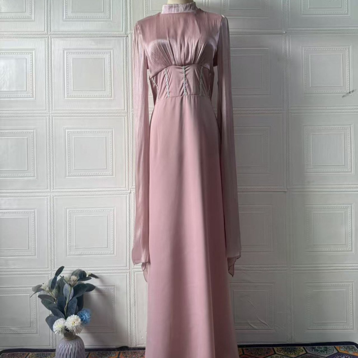 Satin Dress with Corset Back & Cape Sleeves(MS344) - Mariam's Collection