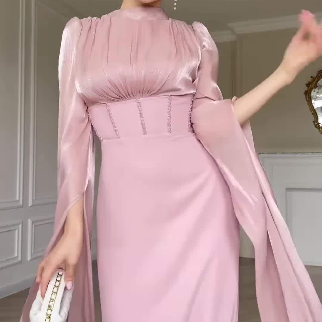 Satin Dress with Corset Back & Cape Sleeves(MS344) - Mariam's Collection